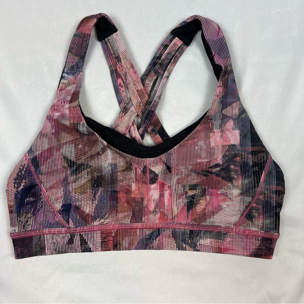Lululemon Energy Bra Pink Multi Abstract Geometric Strappy‎ Sports Bra Womens 6